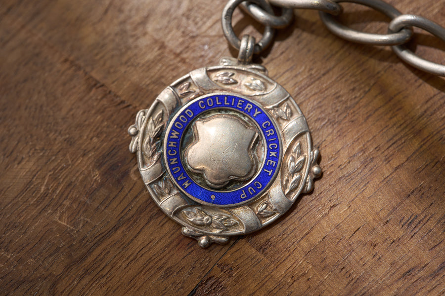 Open Curb Single Albert with Colliery Cricket Cup Fob, Edwardian