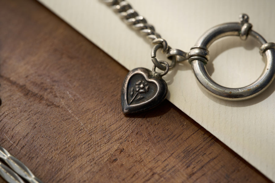 Mixed Link Single Albert with Heart Charm, Nickel, c.1900