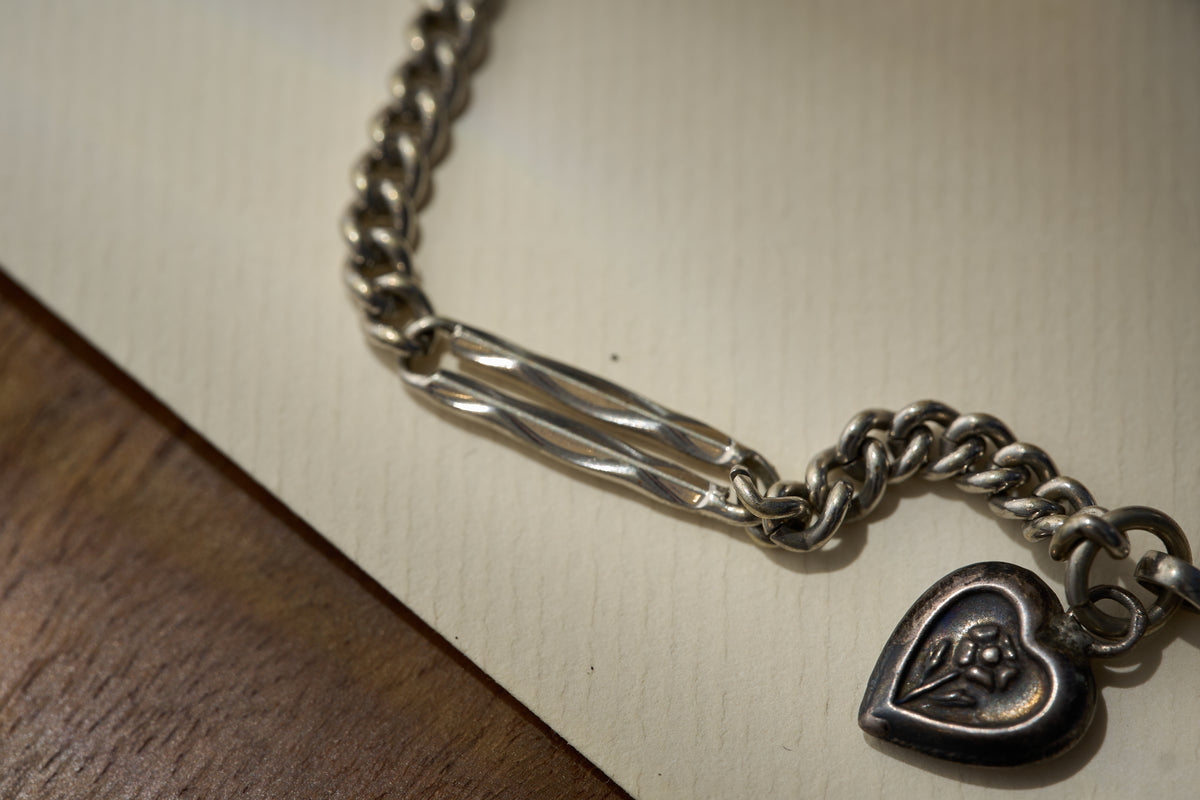 Mixed Link Single Albert with Heart Charm, Nickel, c.1900
