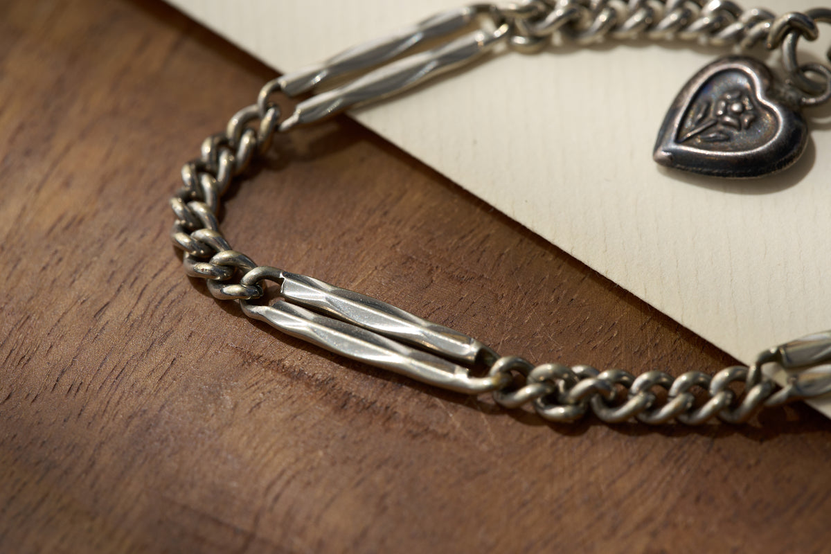 Mixed Link Single Albert with Heart Charm, Nickel, c.1900