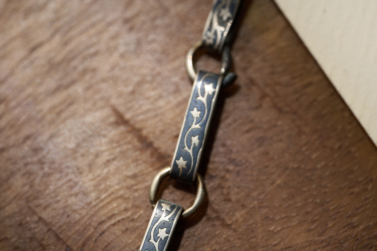 Niello Silver Bar Link Single Albert, Vine and Star Pattern, c.1880