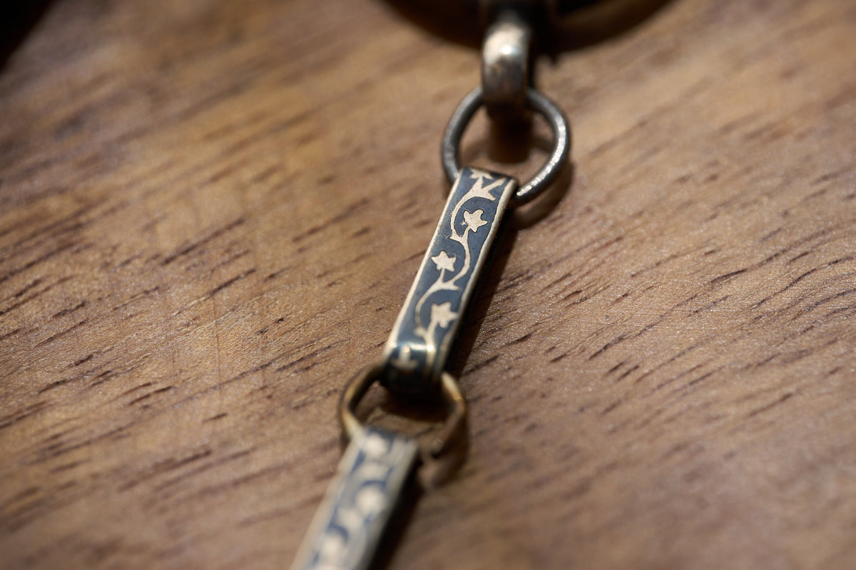Niello Silver Bar Link Single Albert, Vine and Star Pattern, c.1880