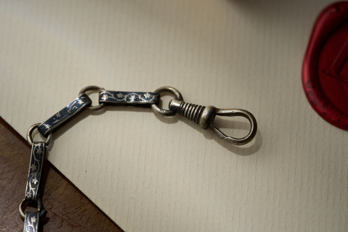 Niello Silver Bar Link Single Albert, Vine and Star Pattern, c.1880