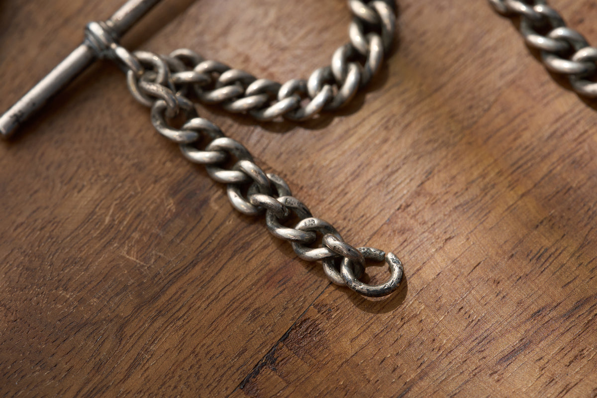 Heavy Graduated Curb Single Albert in Sterling Silver, Hallmarked, c.1900