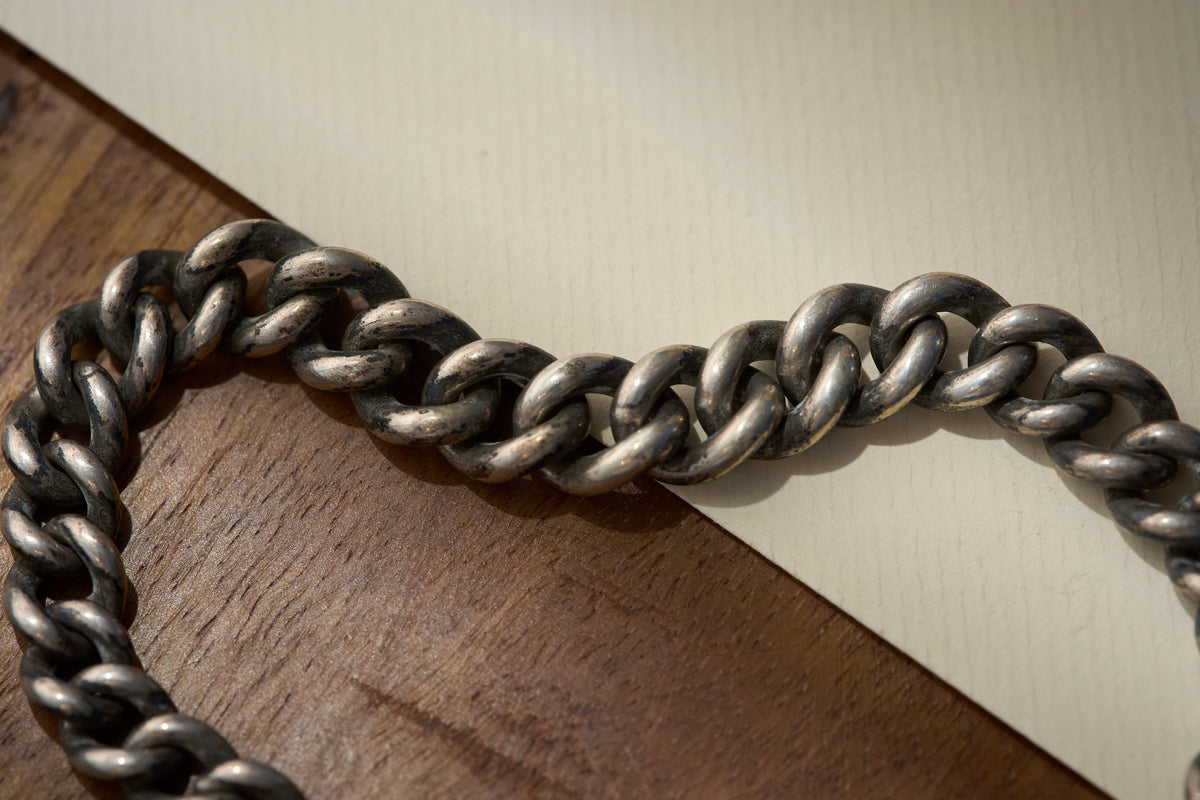 Heavy Graduated Curb Single Albert in Sterling Silver, Hallmarked, c.1900