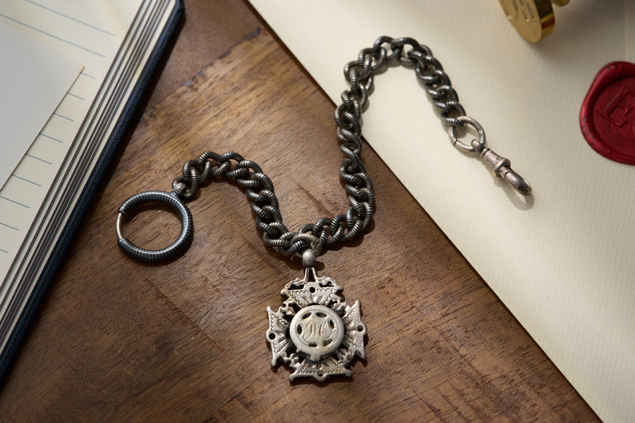 Coil-Wrapped Single Albert with Fob Medal in Sterling Silver, Birmingham, c.1894