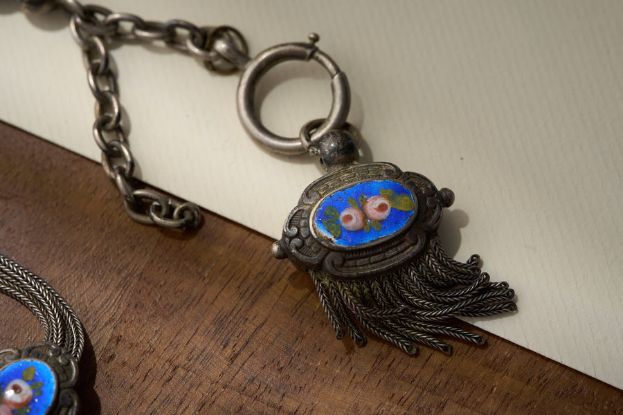 Enamel Albertina with Hand-Painted Rose Medallions, Continental Silver, c.1880