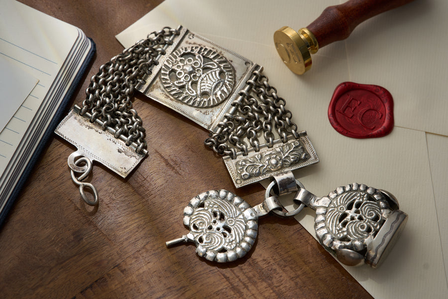 English Sterling Silver Chatelaine with Repousse Panels and Openwork Fobs, c.1890