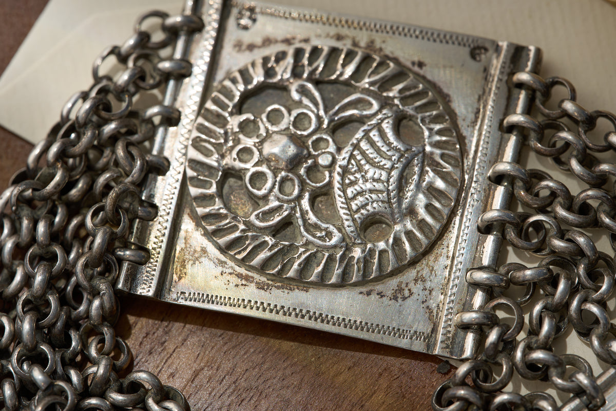 English Sterling Silver Chatelaine with Repousse Panels and Openwork Fobs, c.1890