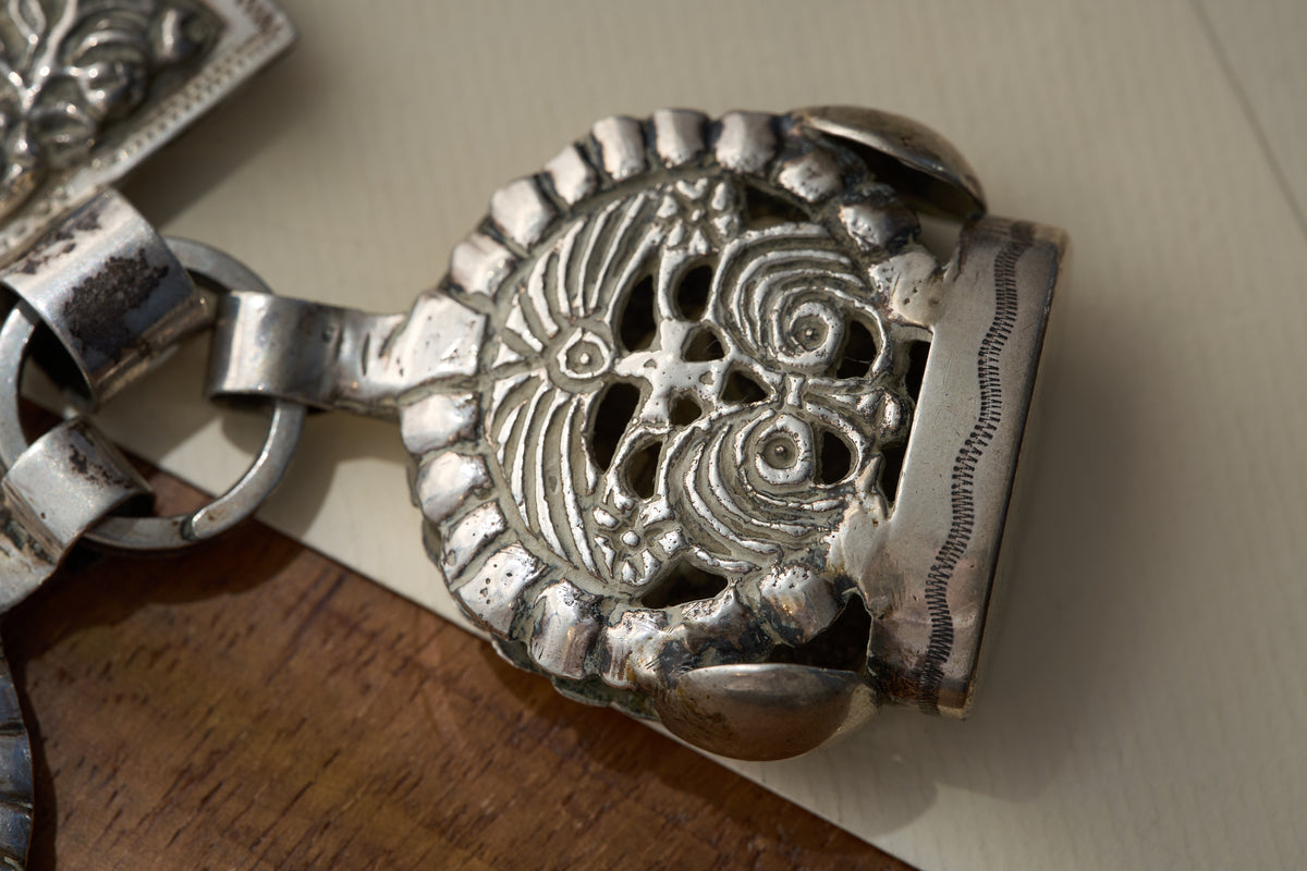 English Sterling Silver Chatelaine with Repousse Panels and Openwork Fobs, c.1890