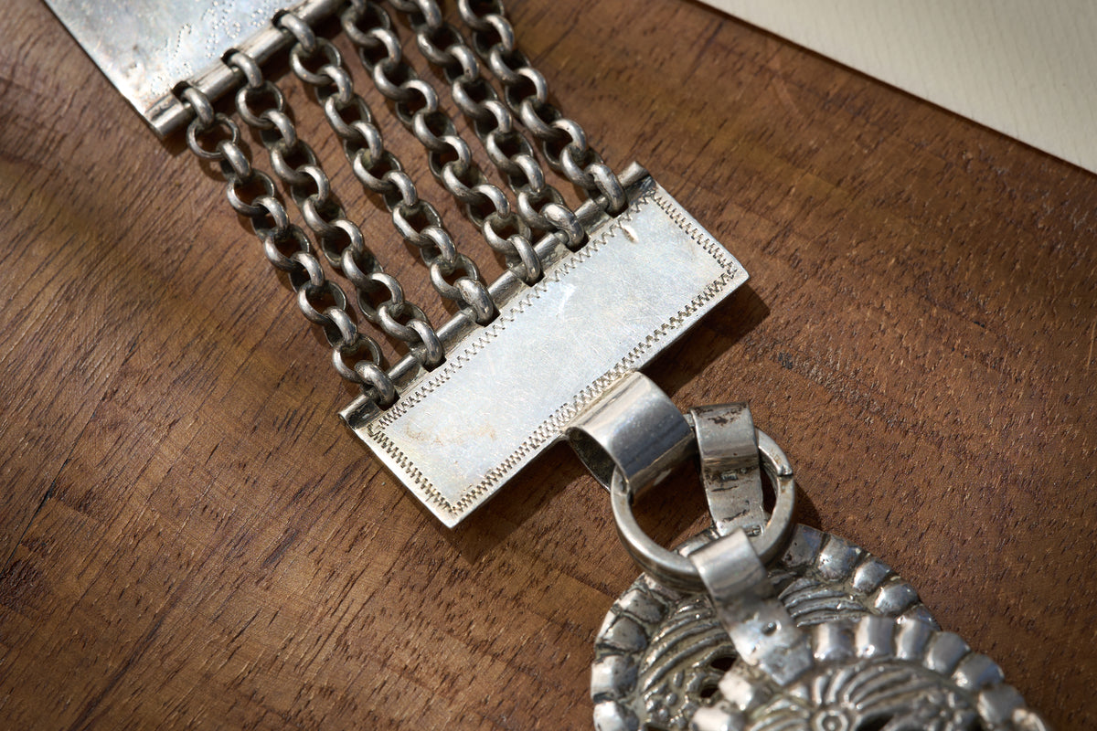 English Sterling Silver Chatelaine with Repousse Panels and Openwork Fobs, c.1890