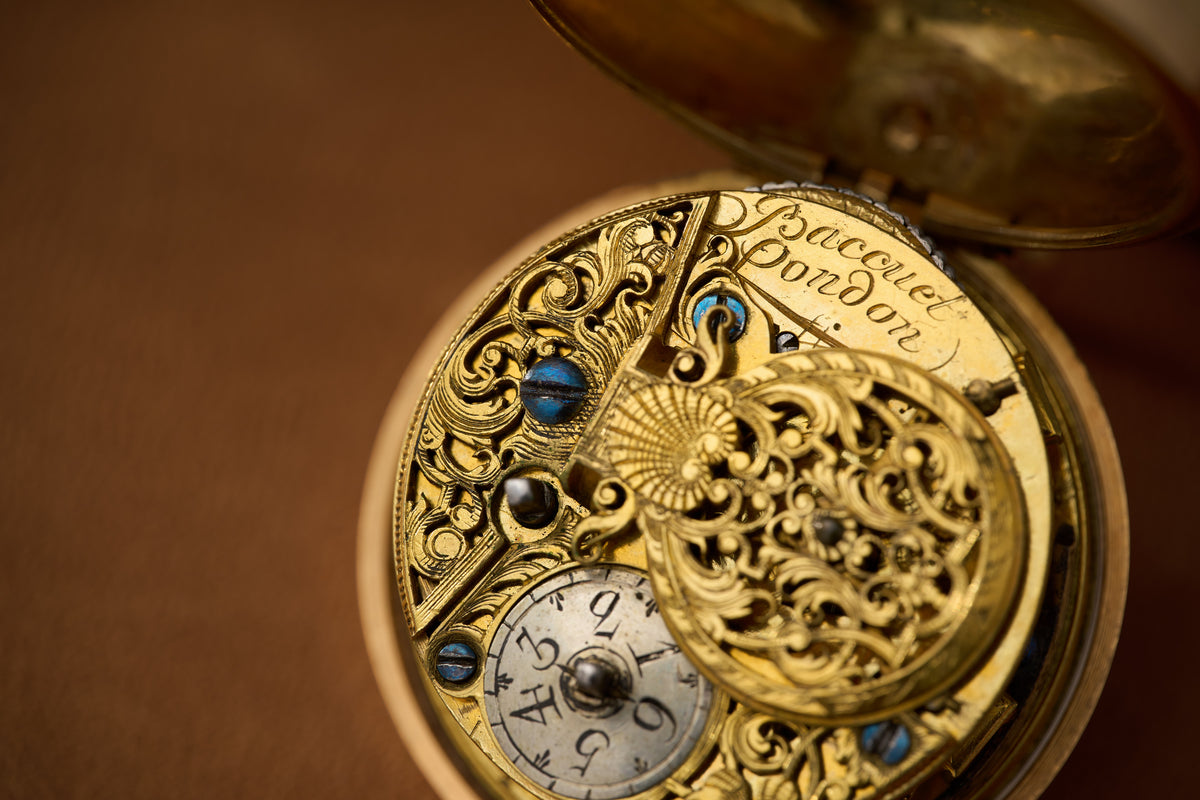 Baccuet Geneva Gold Repoussé Pocket Watch, Signed London, c.1750, detail view 28