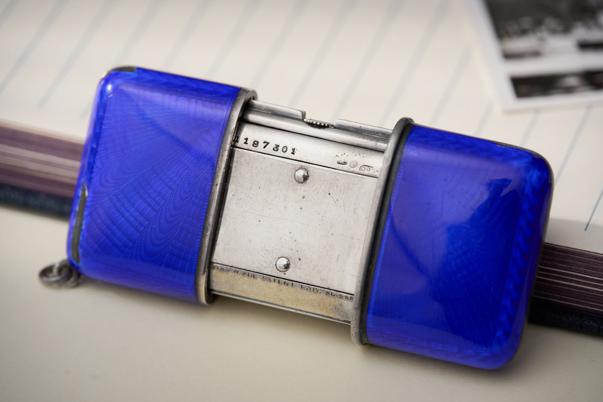 Movado Ermeto Silver Pocket Watch, Blue Guilloché Enamel, c.1929, detail view 9