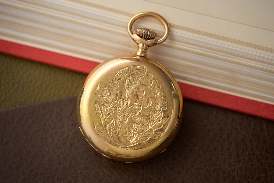 Open Face in 18ct Gold, Hand-Engraved Floral Case, c.1888-1890