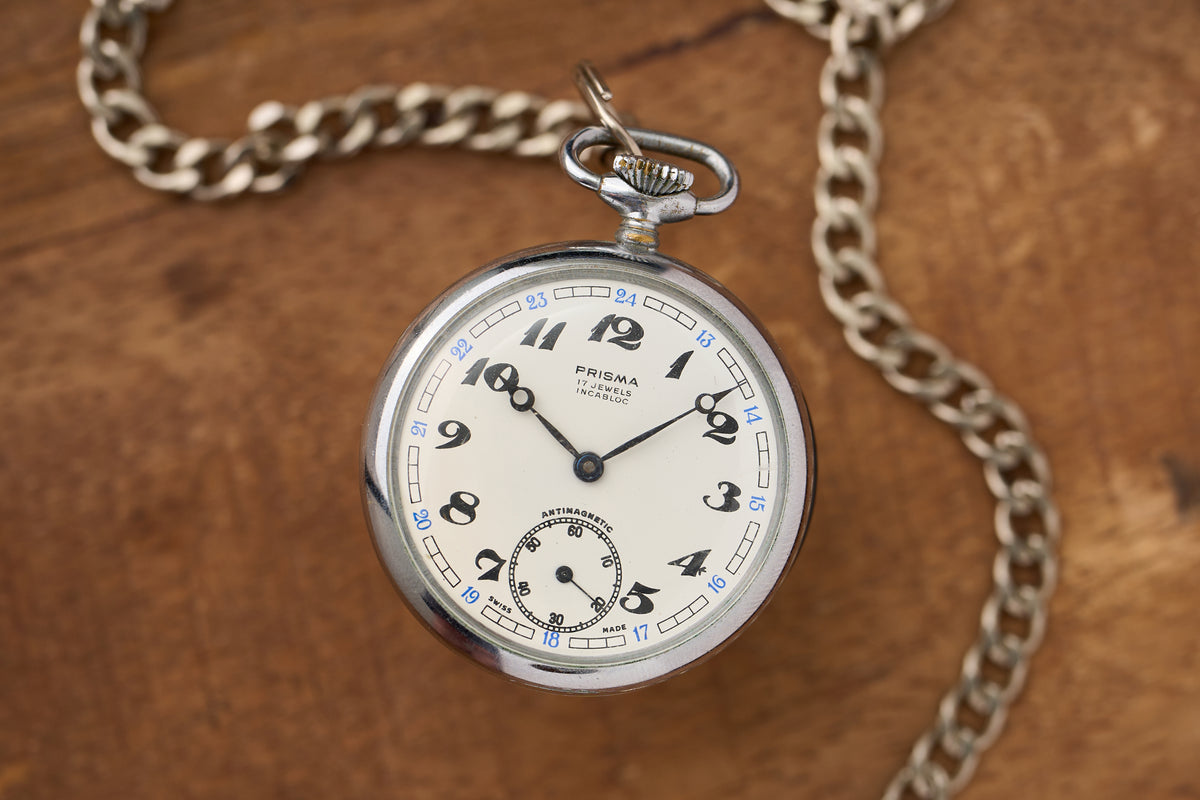 Chrome Open-Face, Railway Dial, with its Chain, c.1960s