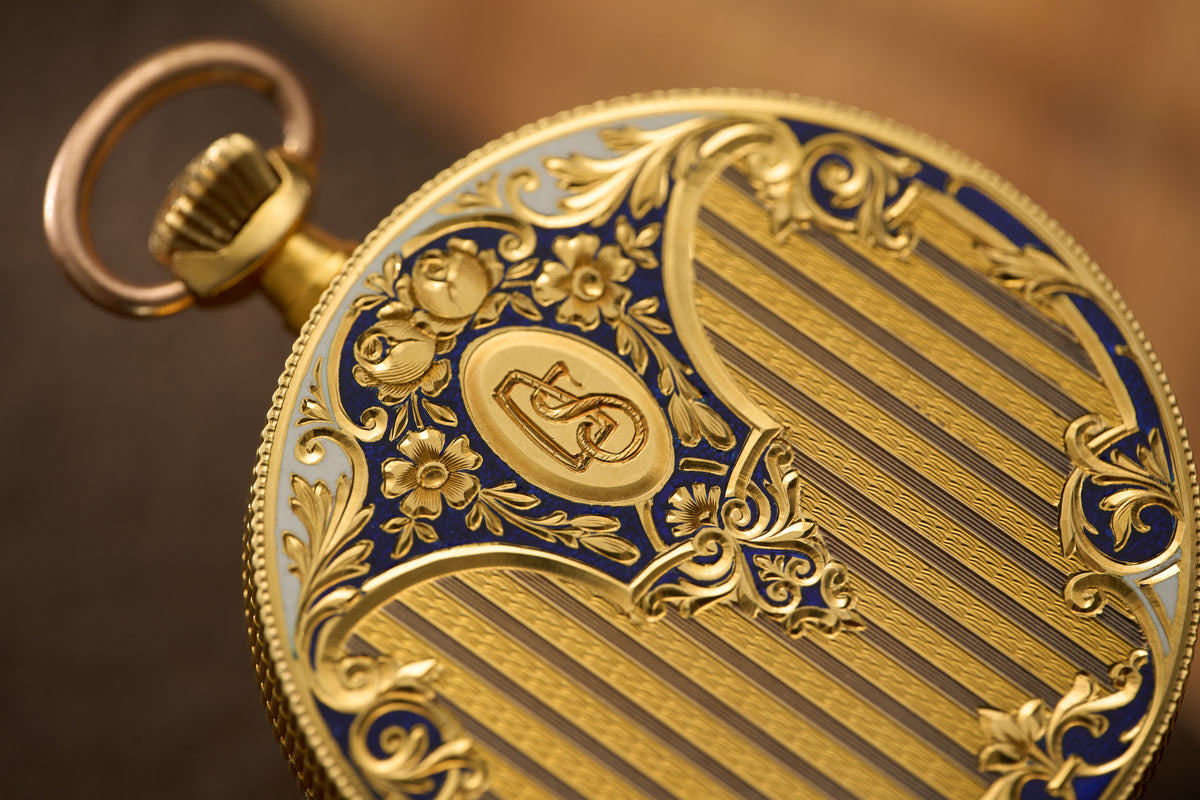Swiss 18k Gold Pocket Watch, Guilloche Enamel, c.1900, detail view 18
