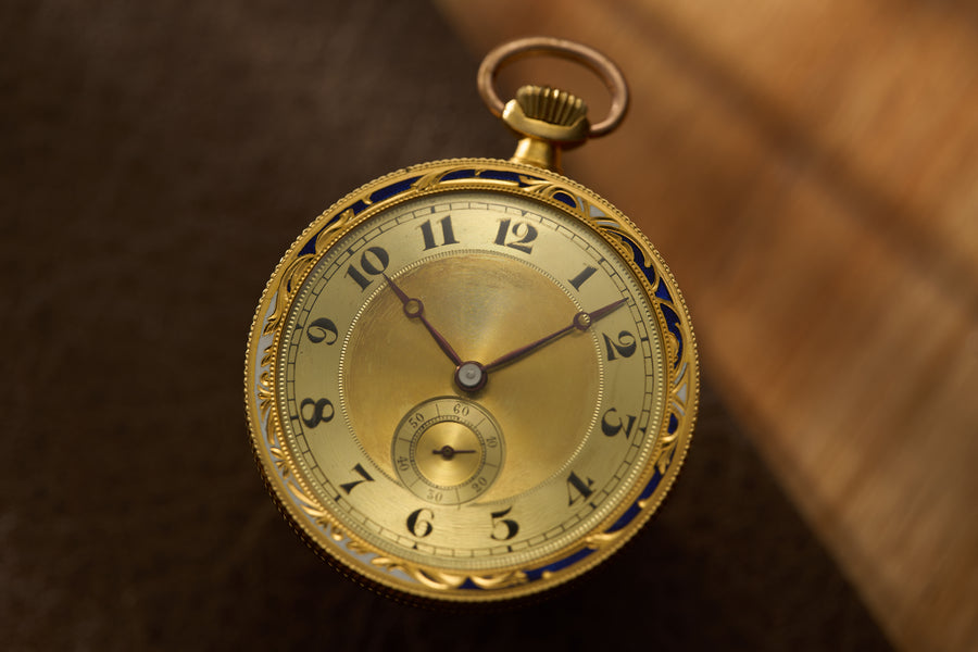 Unsigned Swiss Gold Pocket Watch, Guilloché and Enamel on Dial and Caseback, c.1900