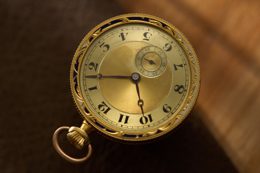 Unsigned Swiss Gold Pocket Watch, Guilloché and Enamel on Dial and Caseback, c.1900