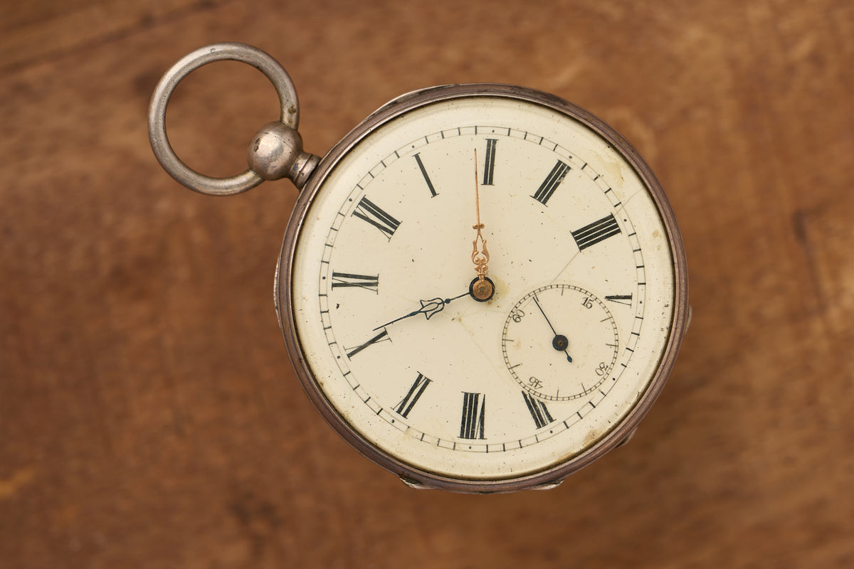 Cylinder Watch, White Enamel Dial, Engraved Silver, c.1870s