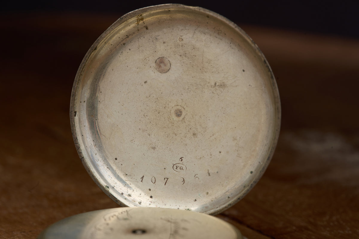 Cylinder Watch, White Enamel Dial, Engraved Silver, c.1870s