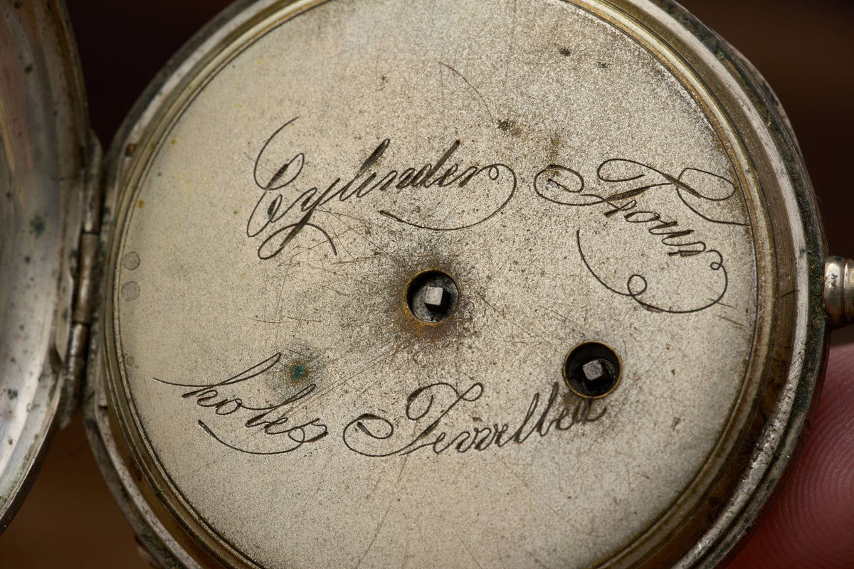 Cylinder Watch, White Enamel Dial, Engraved Silver, c.1870s