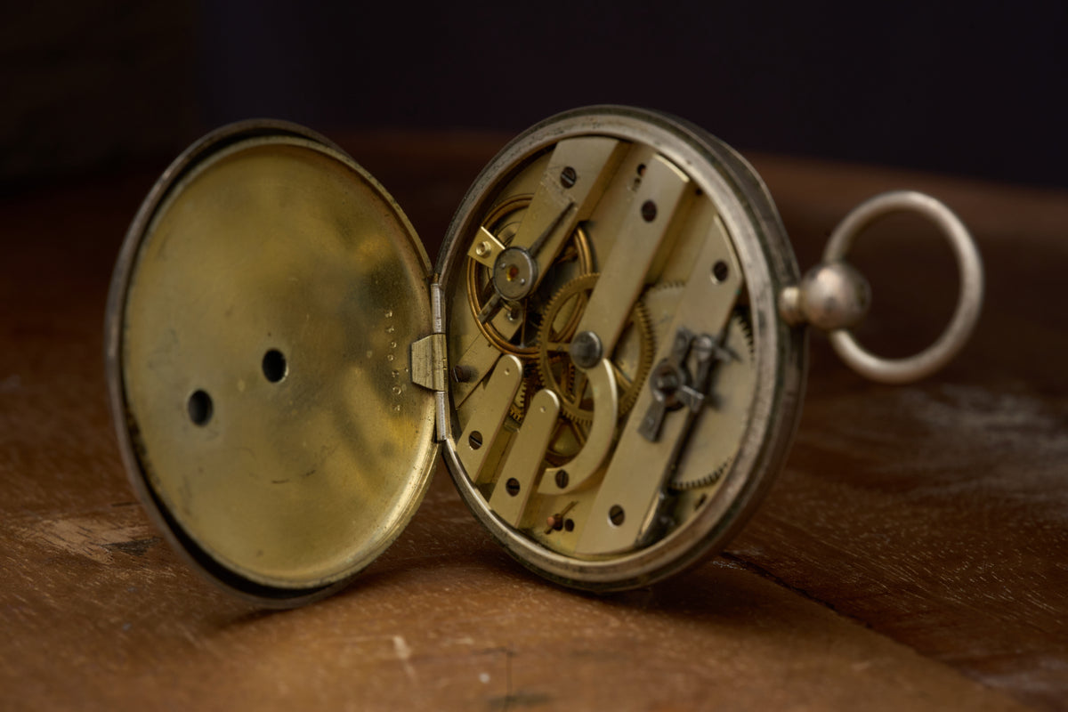 Cylinder Watch, White Enamel Dial, Engraved Silver, c.1870s