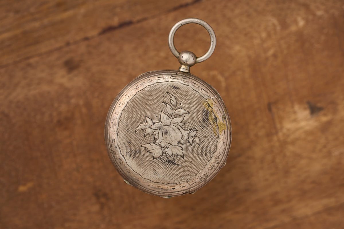 Cylinder Watch, White Enamel Dial, Engraved Silver, c.1870s