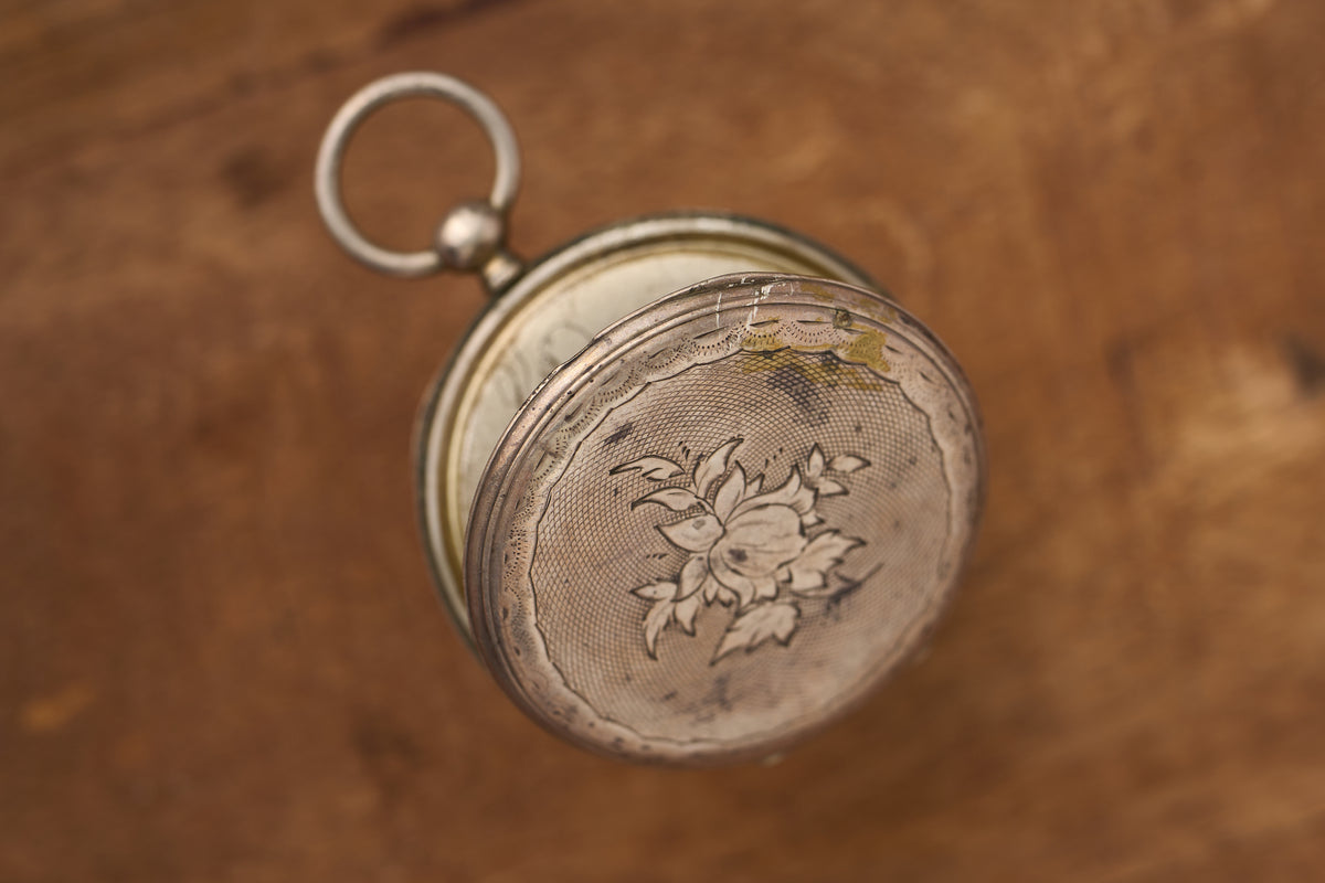 Cylinder Watch, White Enamel Dial, Engraved Silver, c.1870s