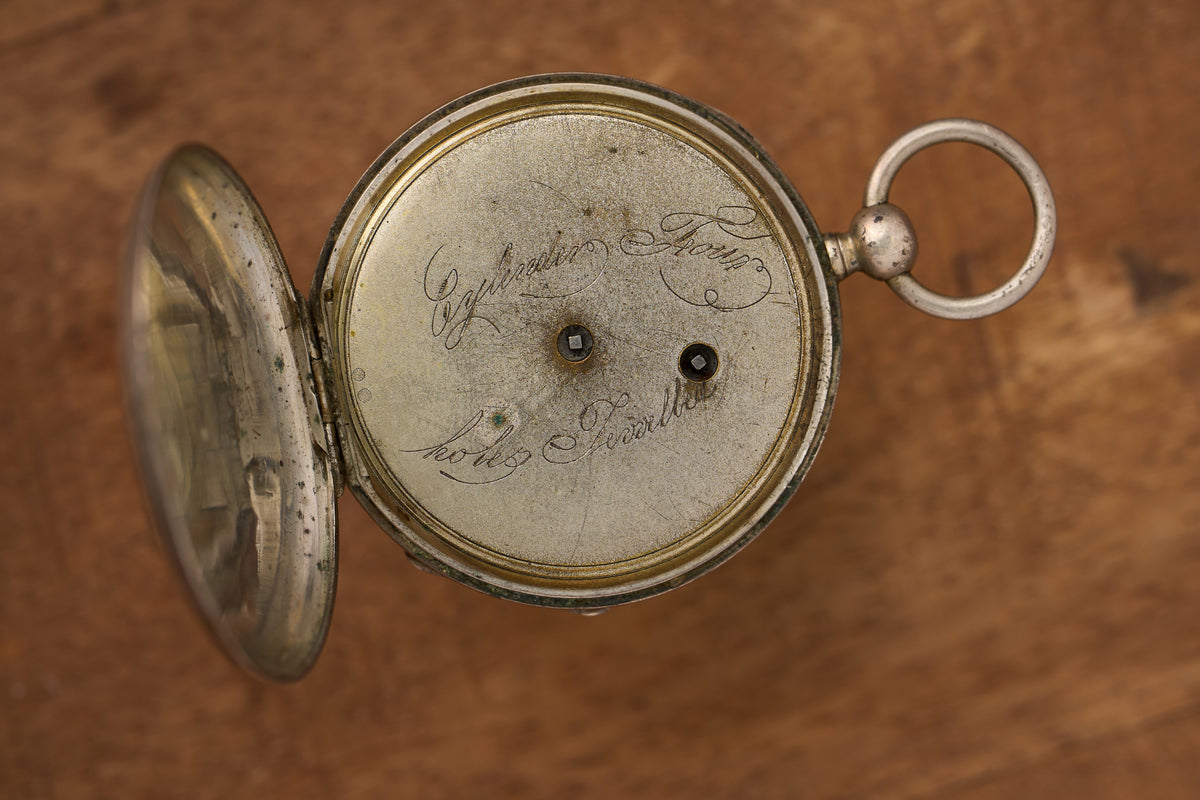 Cylinder Watch, White Enamel Dial, Engraved Silver, c.1870s