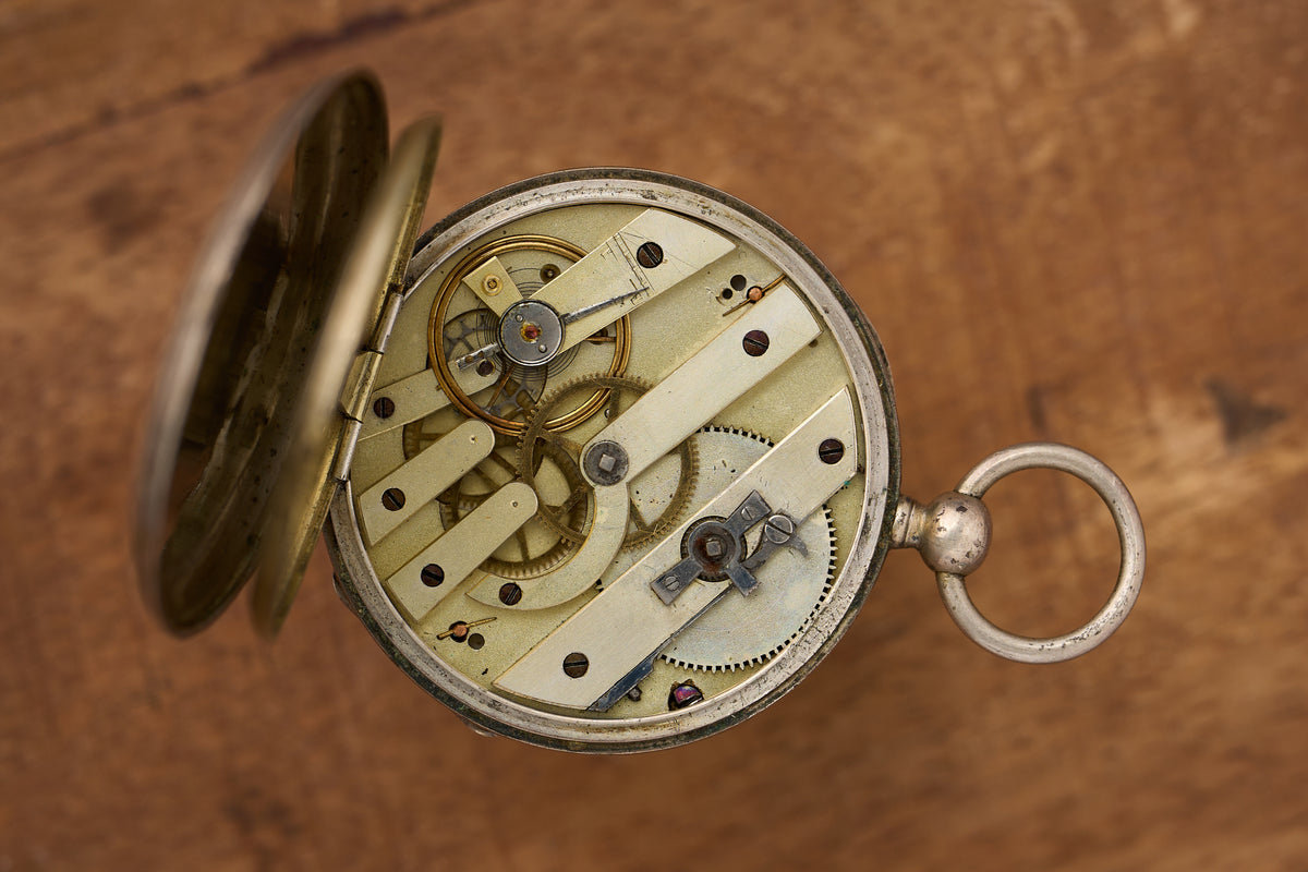 Cylinder Watch, White Enamel Dial, Engraved Silver, c.1870s