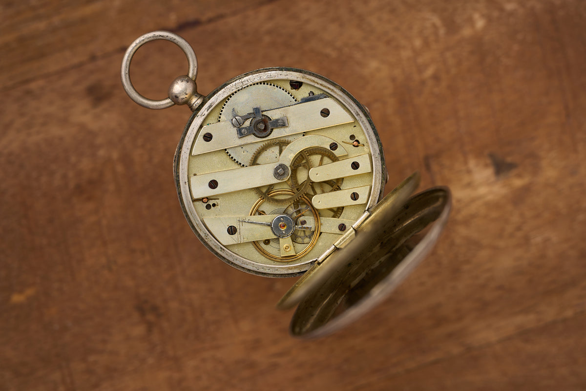 Cylinder Watch, White Enamel Dial, Engraved Silver, c.1870s