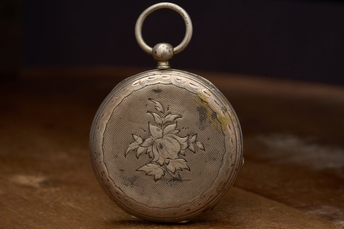 Cylinder Watch, White Enamel Dial, Engraved Silver, c.1870s