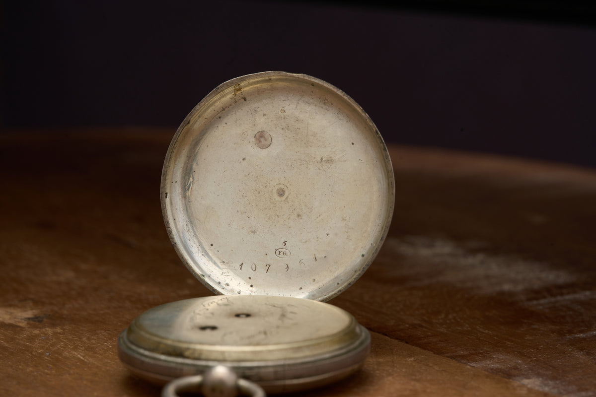 Cylinder Watch, White Enamel Dial, Engraved Silver, c.1870s