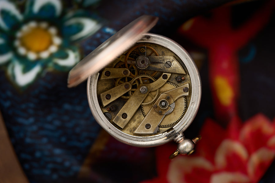 Silver Fob Watch, Key-Wind Cylinder, Plain Enamel Dial, c.1890