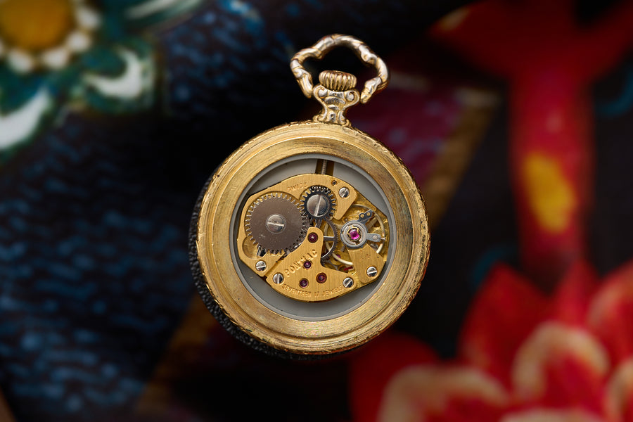 Red Guilloché Enamel Back, Applied Gold Rose, c.1970