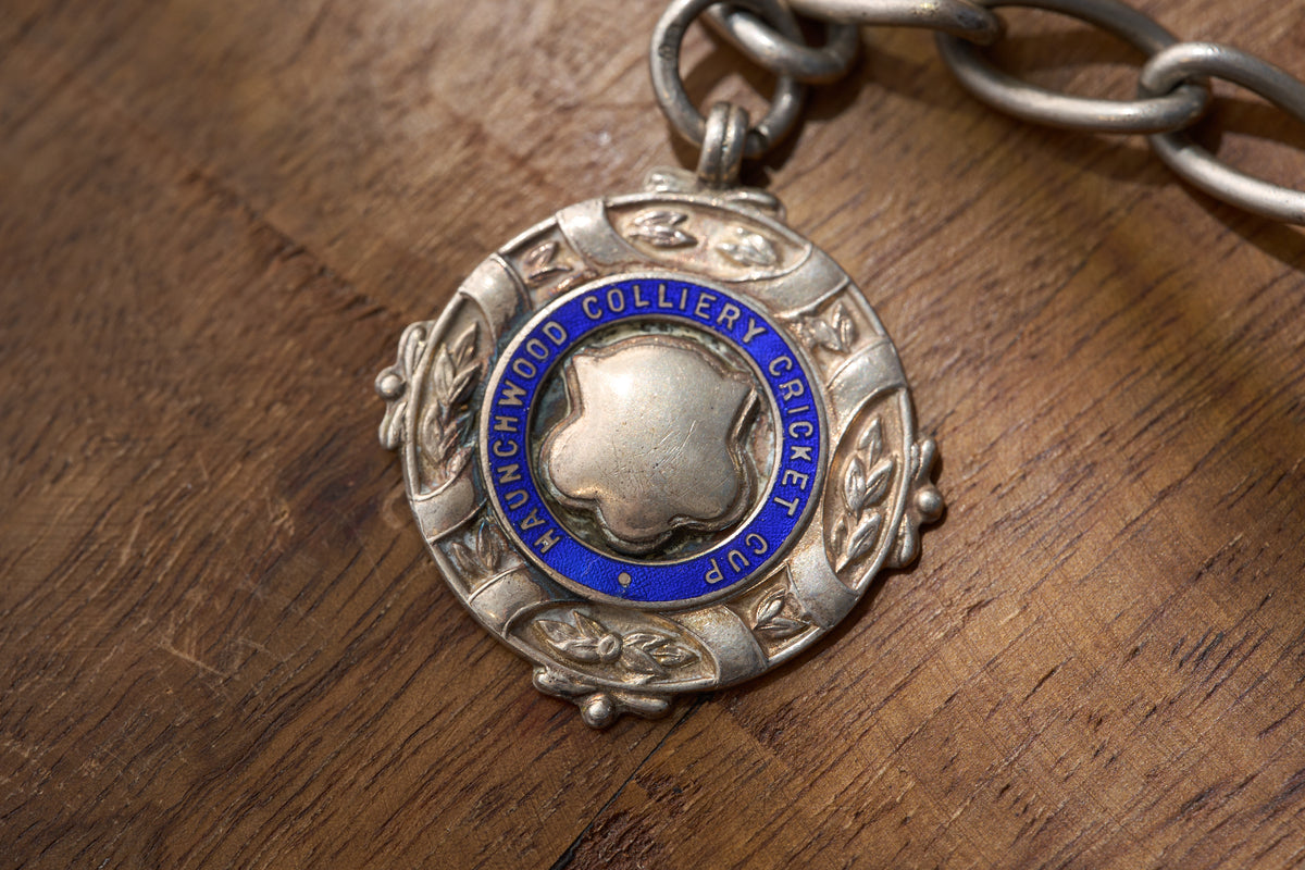 Open Curb Single Albert with Colliery Cricket Cup Fob, Edwardian