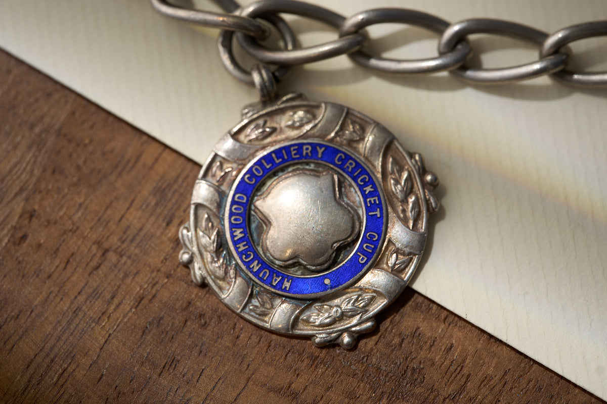 Open Curb Single Albert with Colliery Cricket Cup Fob, Edwardian