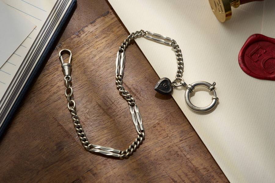 Mixed Link Single Albert with Heart Charm, Nickel, c.1900