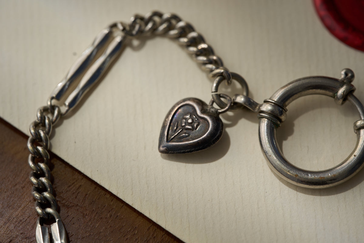 Mixed Link Single Albert with Heart Charm, Nickel, c.1900