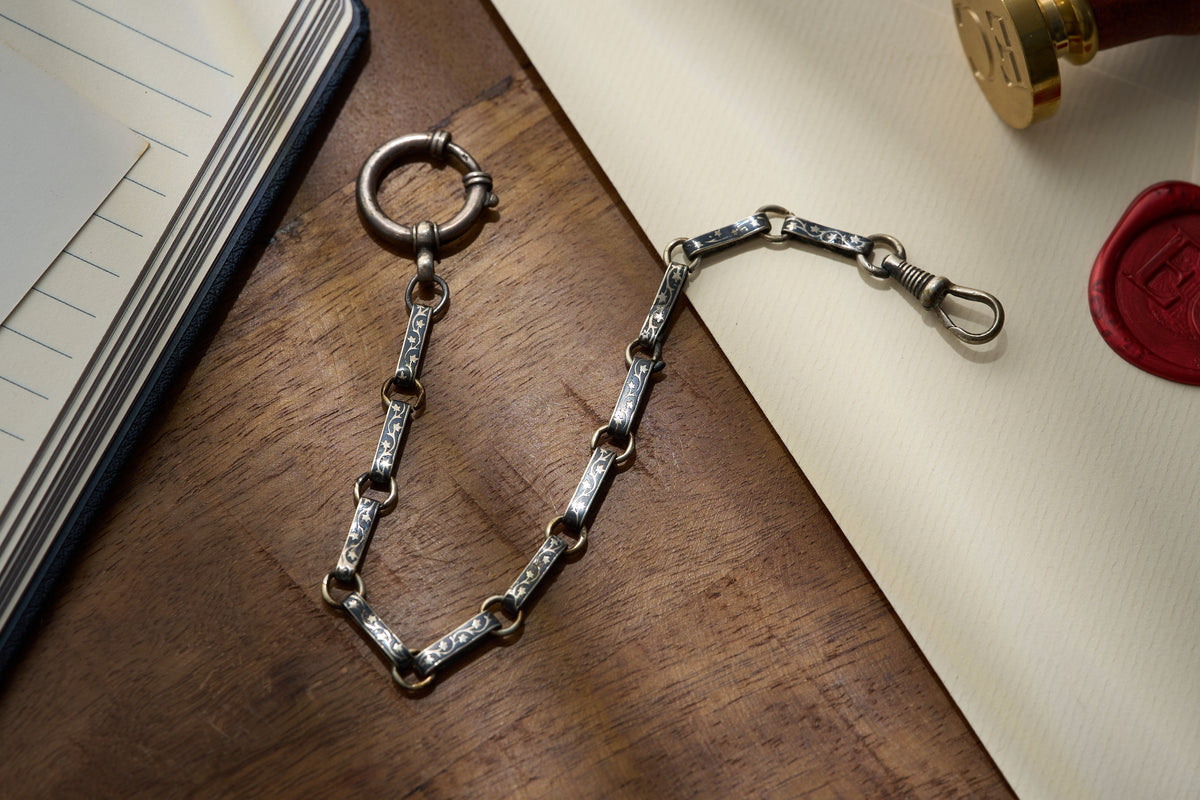 Niello Silver Bar Link Single Albert, Vine and Star Pattern, c.1880