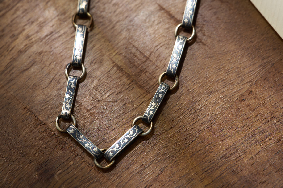 Niello Silver Bar Link Single Albert, Vine and Star Pattern, c.1880