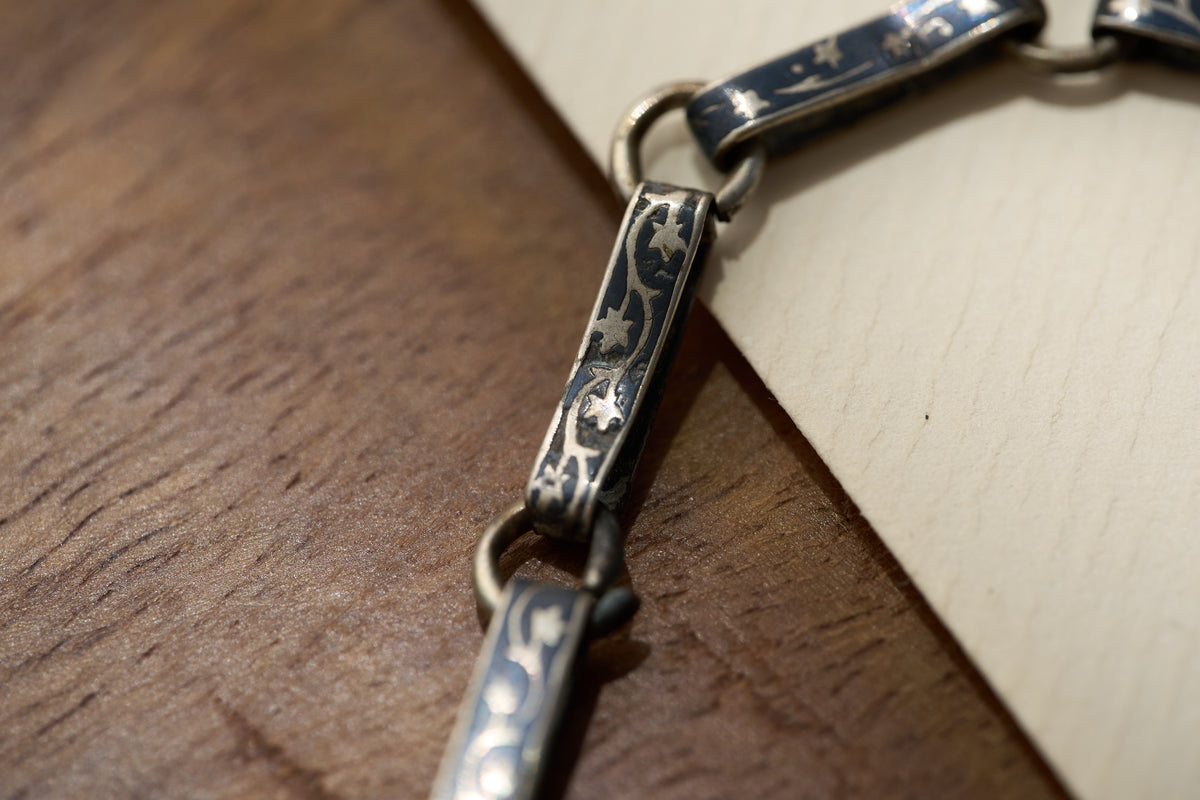 Niello Silver Bar Link Single Albert, Vine and Star Pattern, c.1880