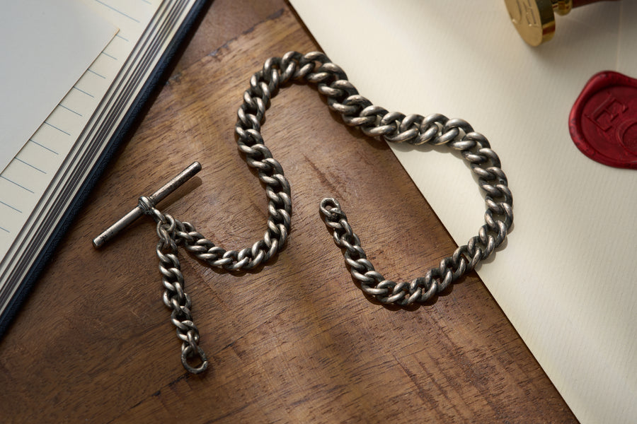 Heavy Graduated Curb Single Albert in Sterling Silver, Hallmarked, c.1900