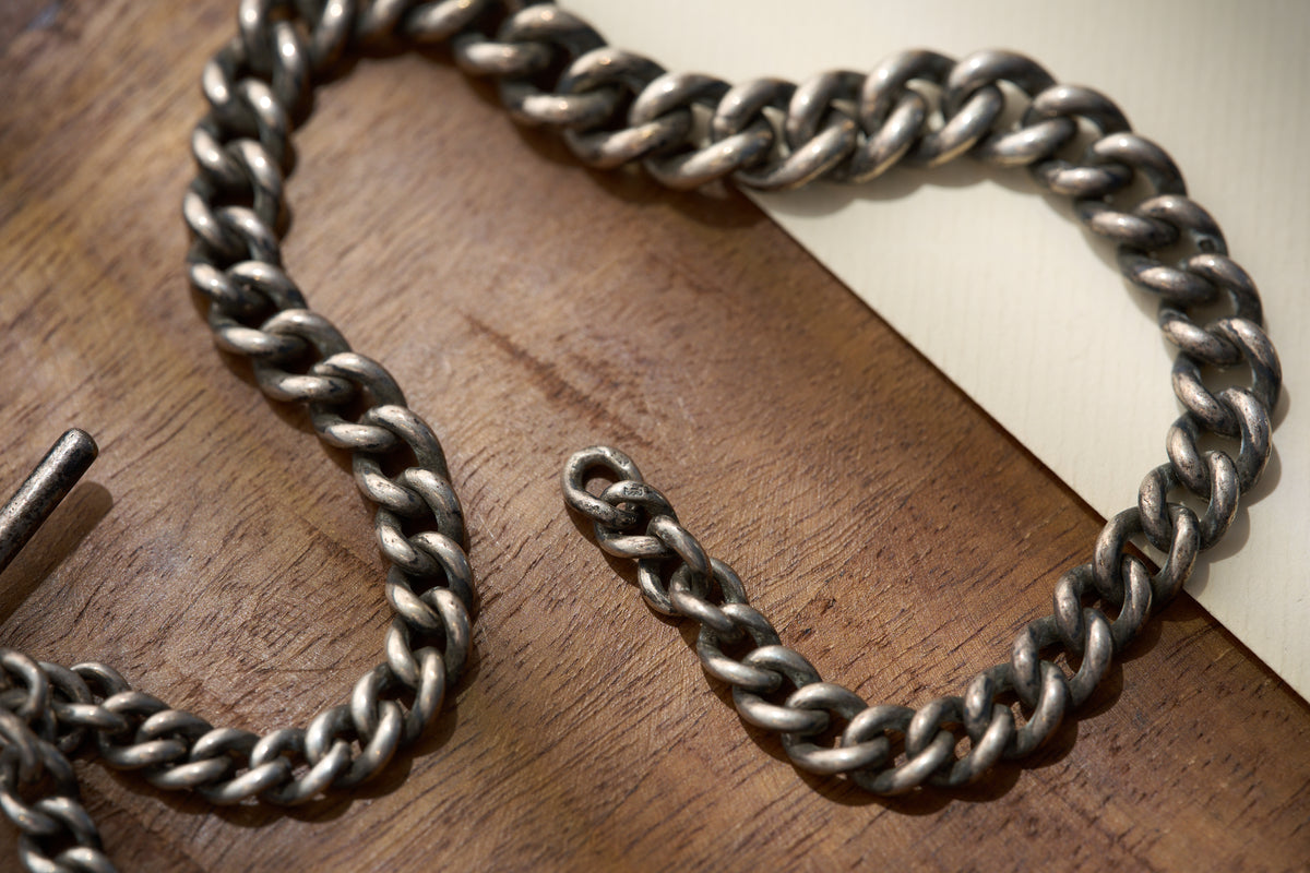 Heavy Graduated Curb Single Albert in Sterling Silver, Hallmarked, c.1900