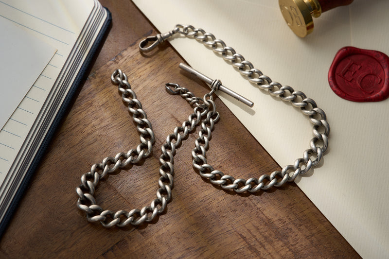 Heavy Graduated Curb Single Albert in Sterling Silver, 59.7g
