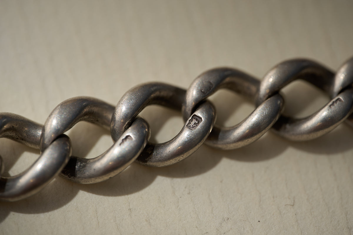 Heavy Graduated Curb Single Albert in Sterling Silver, 59.7g