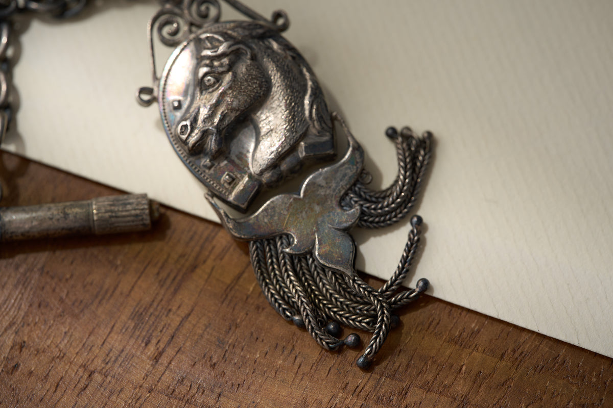 Victorian Equestrian Multi-Strand Fob Chain with Winding Key