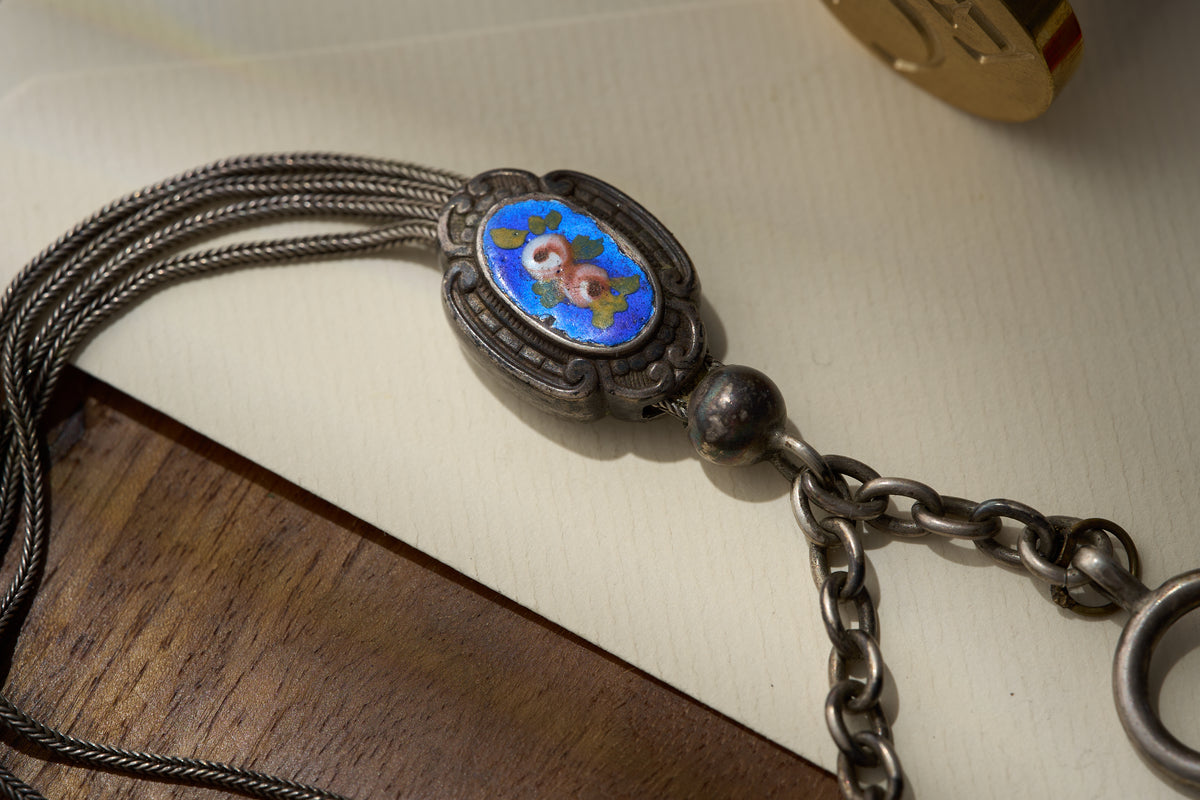 Enamel Albertina with Hand-Painted Rose Medallions, Continental Silver, c.1880