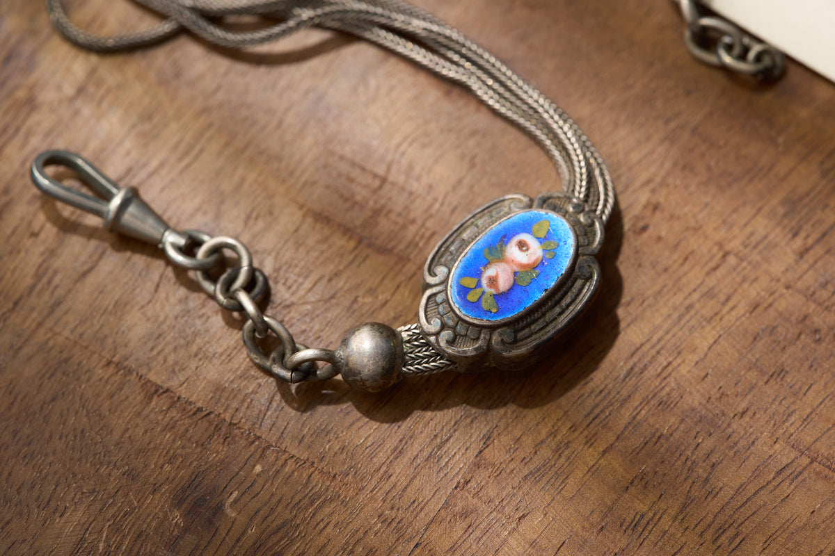 Enamel Albertina with Hand-Painted Rose Medallions, Continental Silver, c.1880