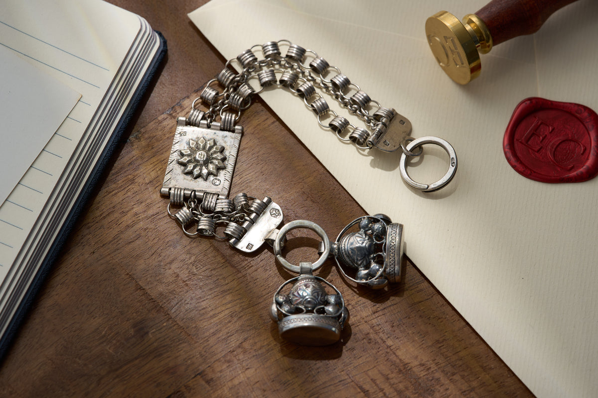 Dutch .833 Silver Chatelaine Fob Chain with Two Spinning Seals